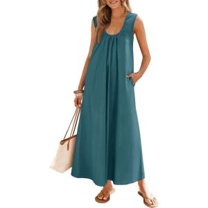 MEROKEETY Women’s Summer Boho Maxi Dress 2026 Ruched Beach Vacation Sundresses Sleeveless Loose Tank Dress(Teal)