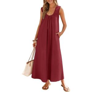 MEROKEETY Women’s Summer Boho Maxi Dress 2026 Ruched Beach Vacation Sundresses Sleeveless Loose Tank Dress(Wine)