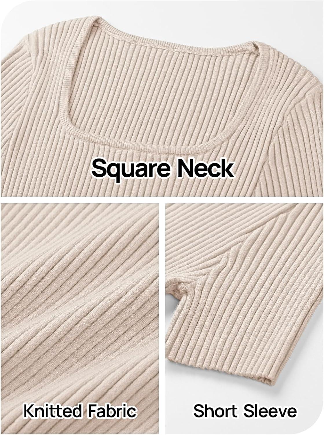 imageMEROKEETY Womens Summer Ribbed T Shirts 2026 Square Neck Short Sleeve Slim Fit Knit Tee Tops Dressy Casual Trendy ClothesAlmond