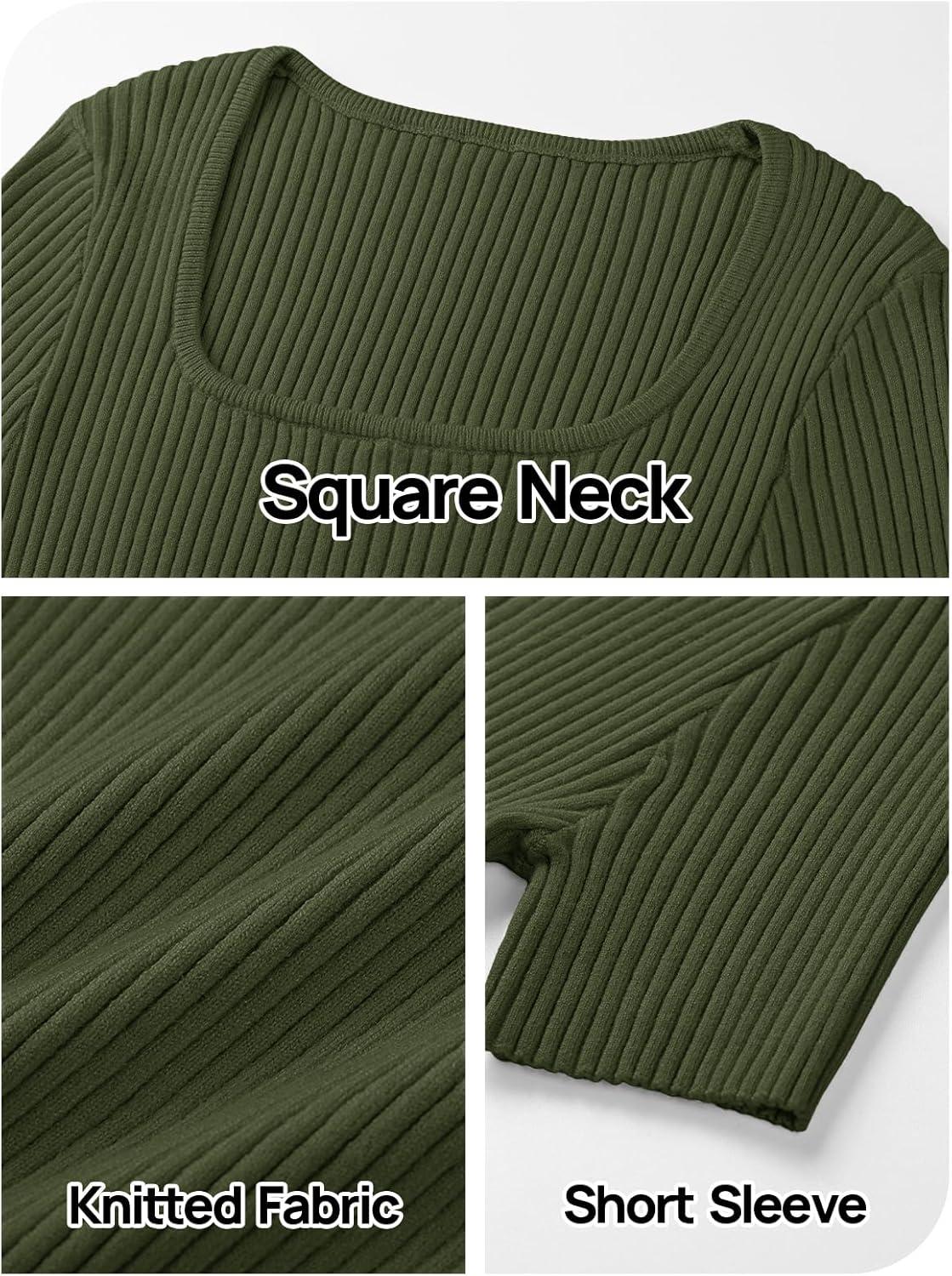 imageMEROKEETY Womens Summer Ribbed T Shirts 2026 Square Neck Short Sleeve Slim Fit Knit Tee Tops Dressy Casual Trendy ClothesArmygreen
