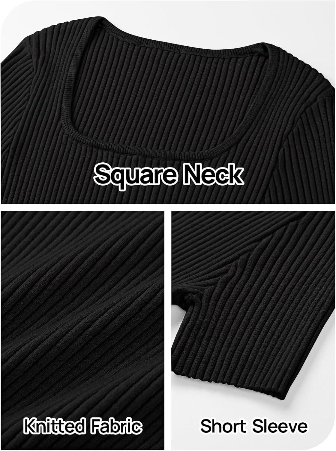 imageMEROKEETY Womens Summer Ribbed T Shirts 2026 Square Neck Short Sleeve Slim Fit Knit Tee Tops Dressy Casual Trendy ClothesBlack