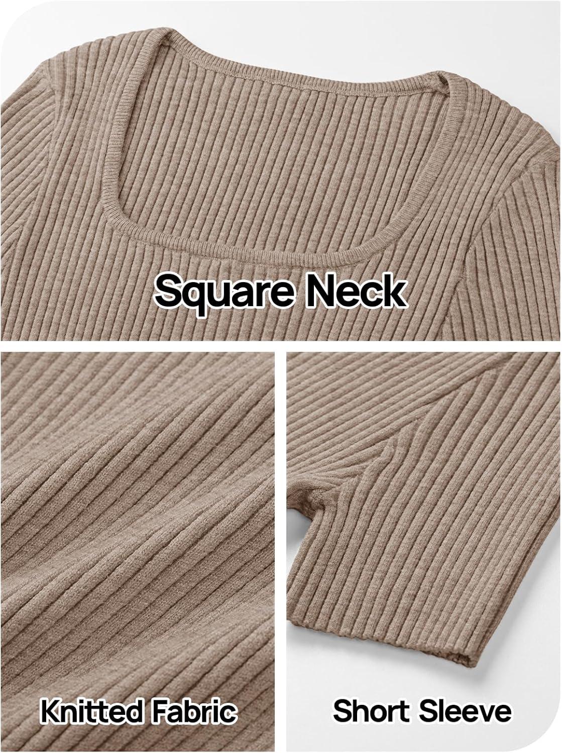 imageMEROKEETY Womens Summer Ribbed T Shirts 2026 Square Neck Short Sleeve Slim Fit Knit Tee Tops Dressy Casual Trendy ClothesCashmere