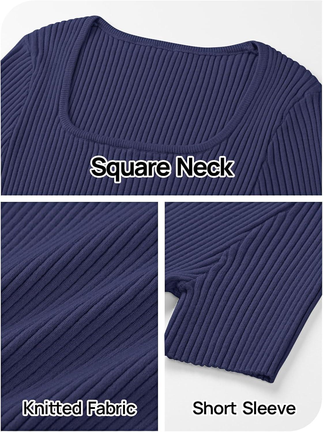 imageMEROKEETY Womens Summer Ribbed T Shirts 2026 Square Neck Short Sleeve Slim Fit Knit Tee Tops Dressy Casual Trendy ClothesNavy