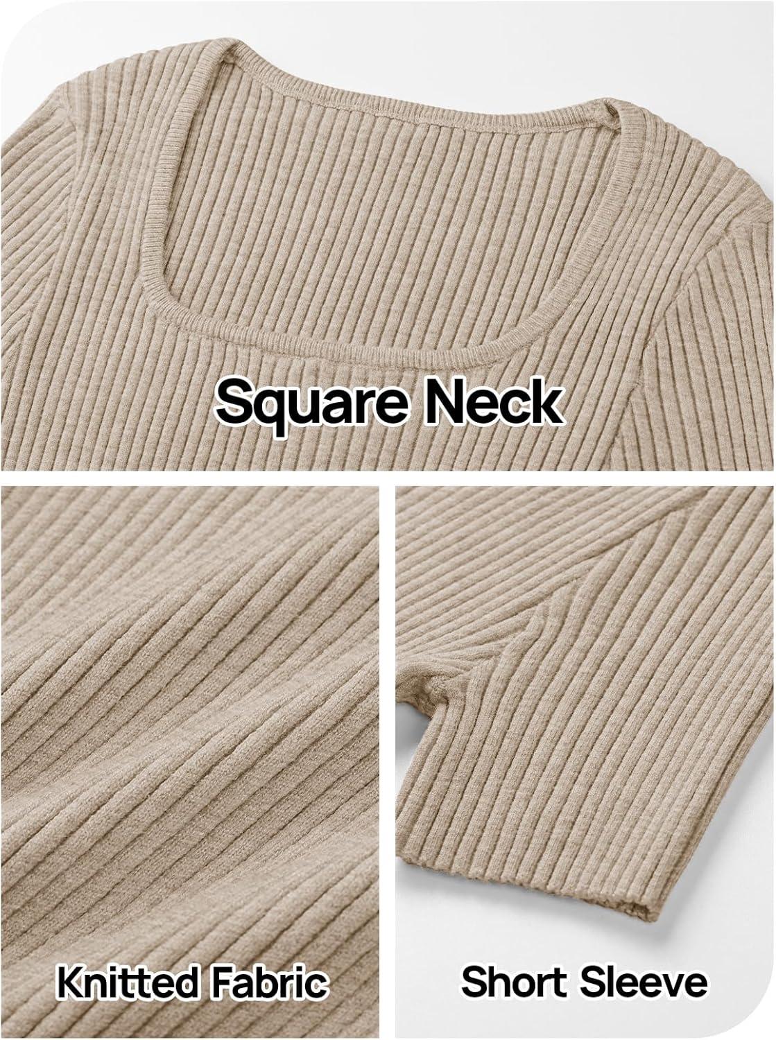imageMEROKEETY Womens Summer Ribbed T Shirts 2026 Square Neck Short Sleeve Slim Fit Knit Tee Tops Dressy Casual Trendy ClothesOatmeal