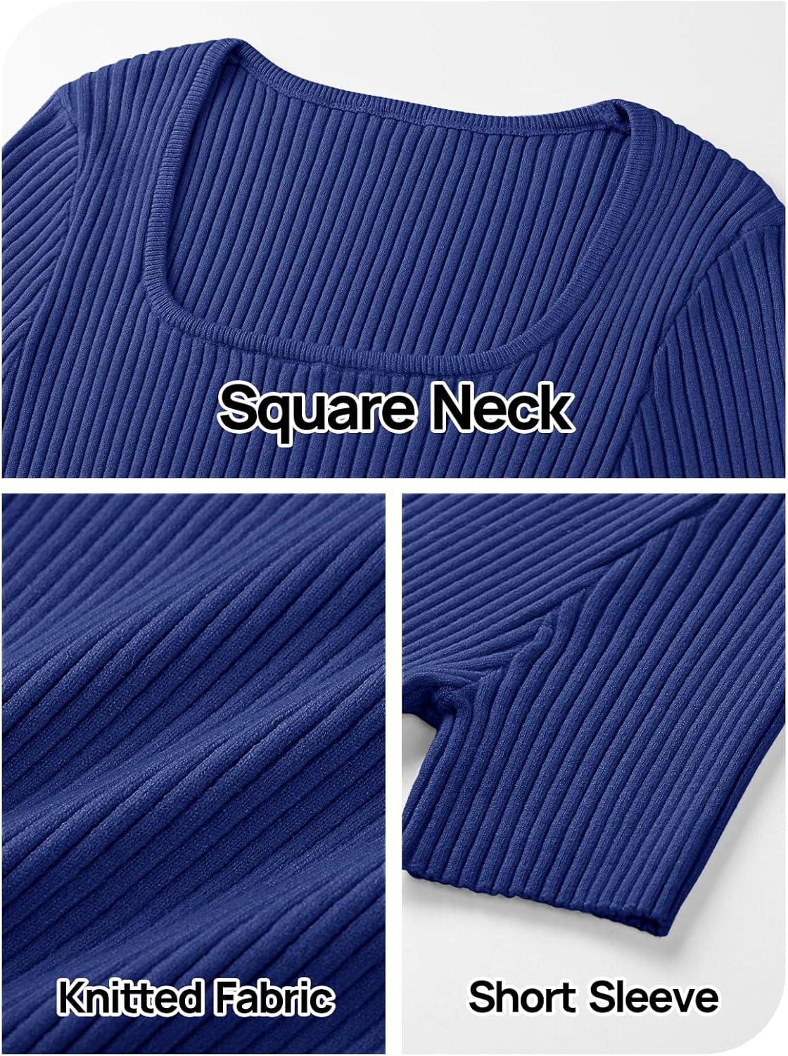 imageMEROKEETY Womens Summer Ribbed T Shirts 2026 Square Neck Short Sleeve Slim Fit Knit Tee Tops Dressy Casual Trendy ClothesRoyalblue