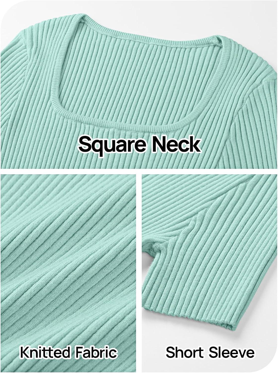 imageMEROKEETY Womens Summer Ribbed T Shirts 2026 Square Neck Short Sleeve Slim Fit Knit Tee Tops Dressy Casual Trendy ClothesSpring Green