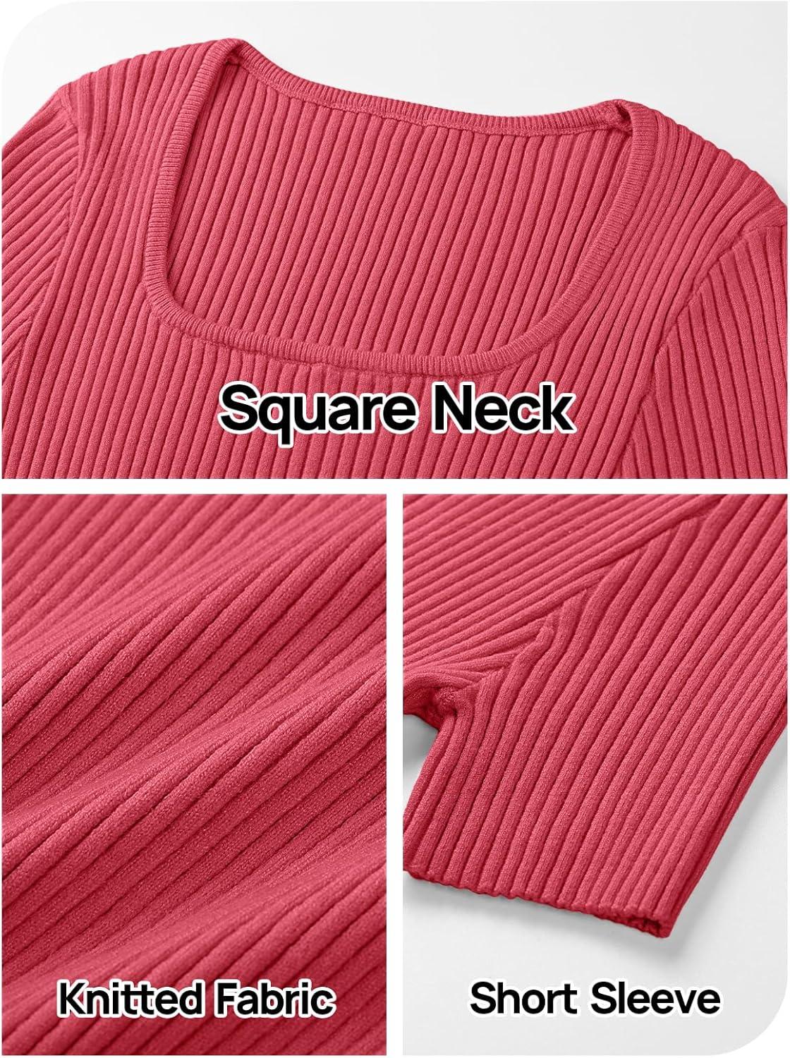 imageMEROKEETY Womens Summer Ribbed T Shirts 2026 Square Neck Short Sleeve Slim Fit Knit Tee Tops Dressy Casual Trendy ClothesWatermelon