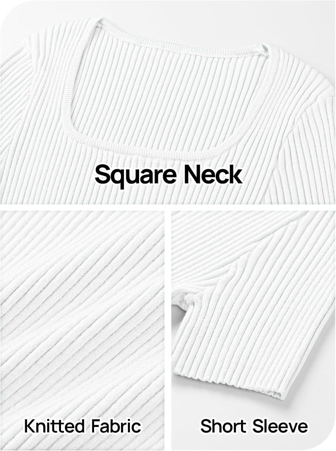 imageMEROKEETY Womens Summer Ribbed T Shirts 2026 Square Neck Short Sleeve Slim Fit Knit Tee Tops Dressy Casual Trendy ClothesWhite