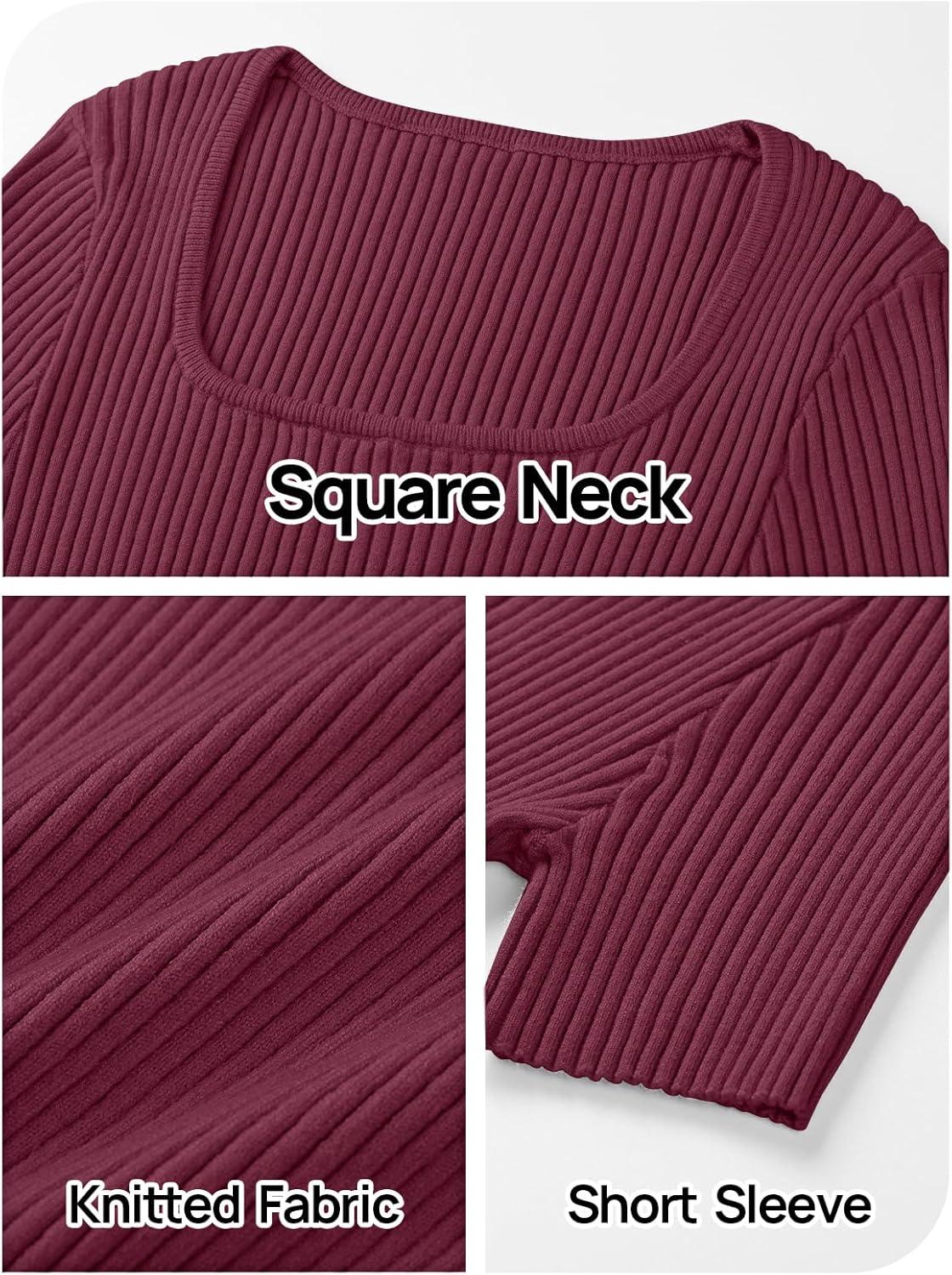 imageMEROKEETY Womens Summer Ribbed T Shirts 2026 Square Neck Short Sleeve Slim Fit Knit Tee Tops Dressy Casual Trendy ClothesWine