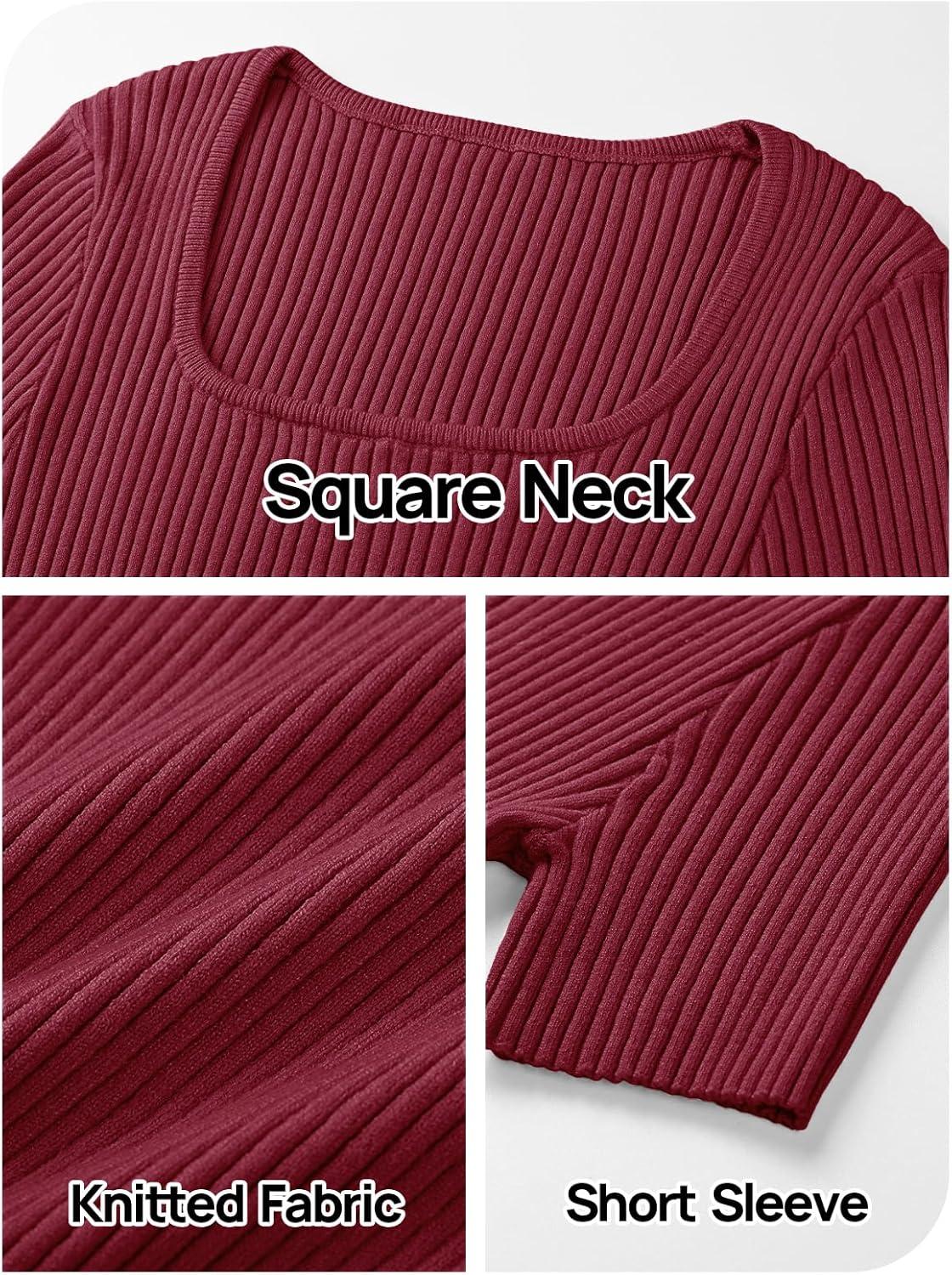 imageMEROKEETY Womens Summer Ribbed T Shirts 2026 Square Neck Short Sleeve Slim Fit Knit Tee Tops Dressy Casual Trendy ClothesWine Red