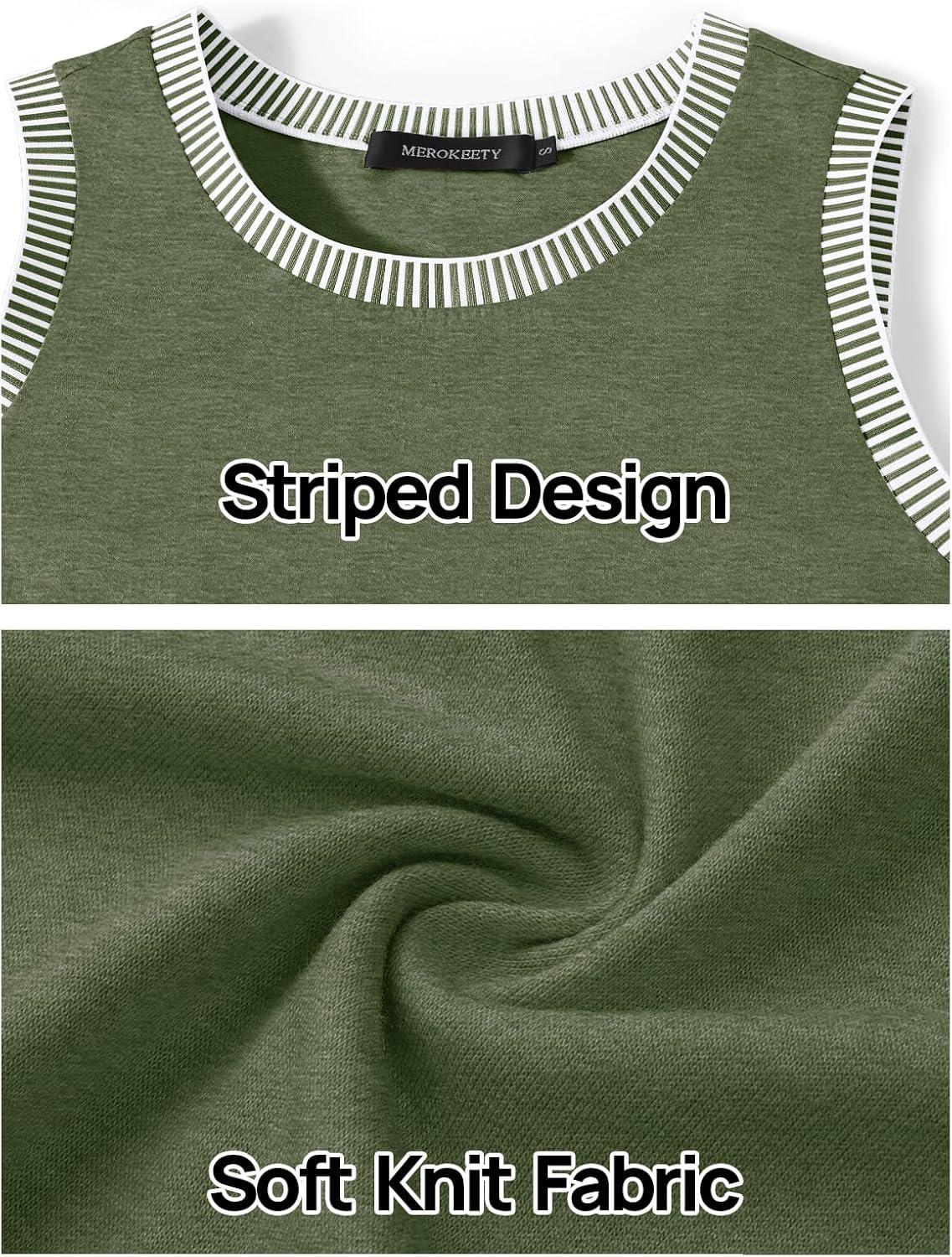 imageMEROKEETY Womens Tank Tops 2026 Summer Casual Sleeveless Crew Neck Basic T Shirts Beach Striped Color Block ClothesArmy Green