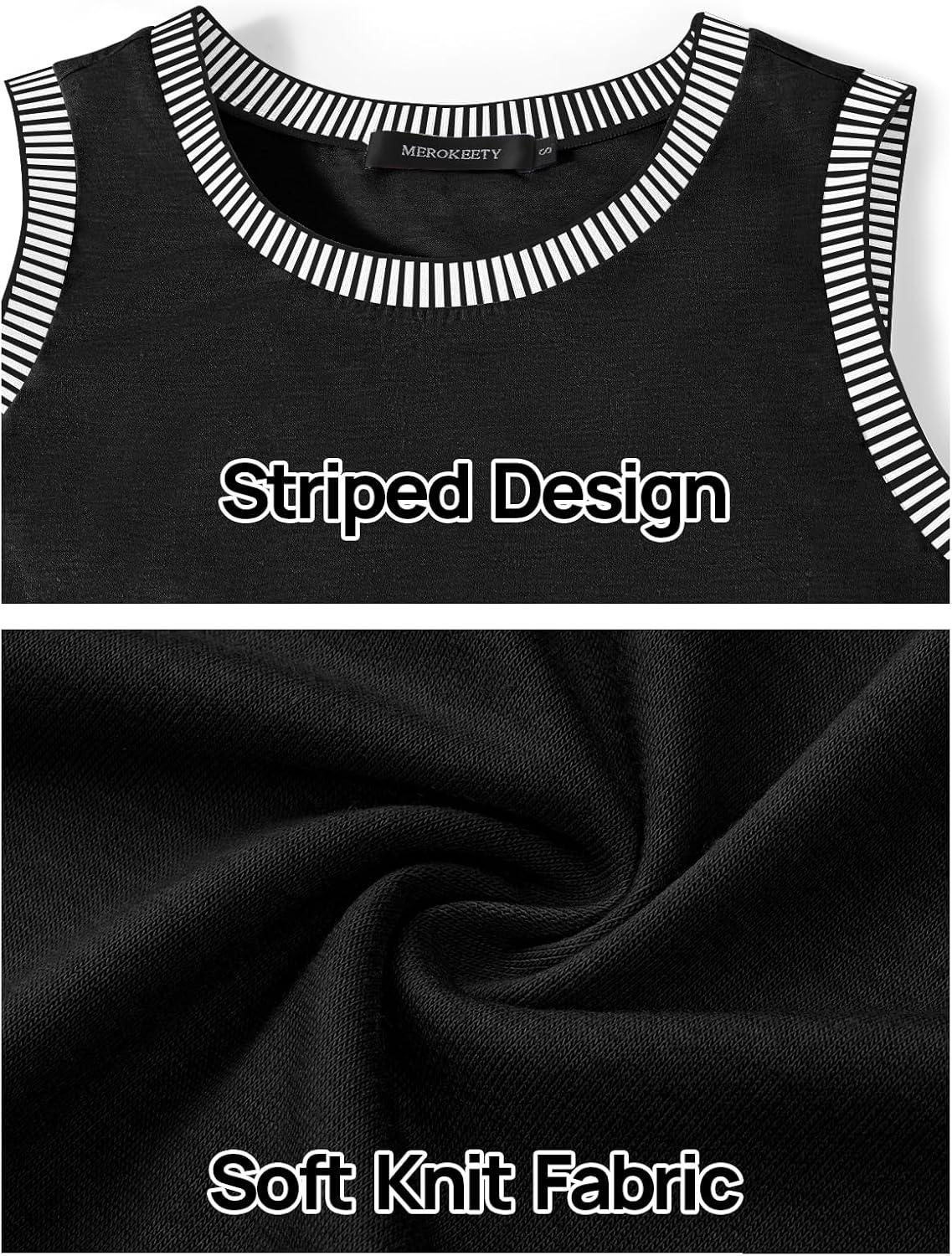 imageMEROKEETY Womens Tank Tops 2026 Summer Casual Sleeveless Crew Neck Basic T Shirts Beach Striped Color Block ClothesBlack