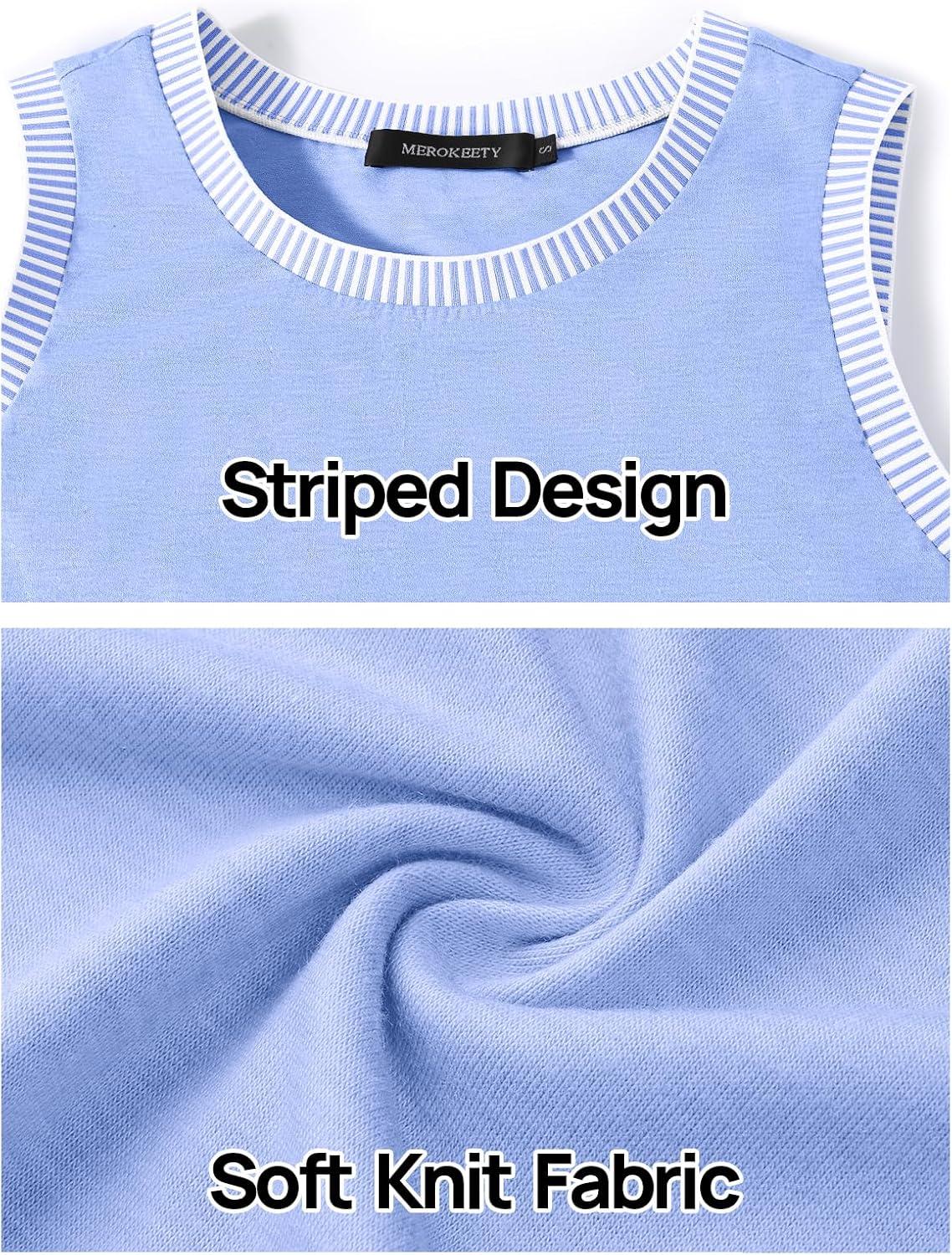 imageMEROKEETY Womens Tank Tops 2026 Summer Casual Sleeveless Crew Neck Basic T Shirts Beach Striped Color Block ClothesBlue