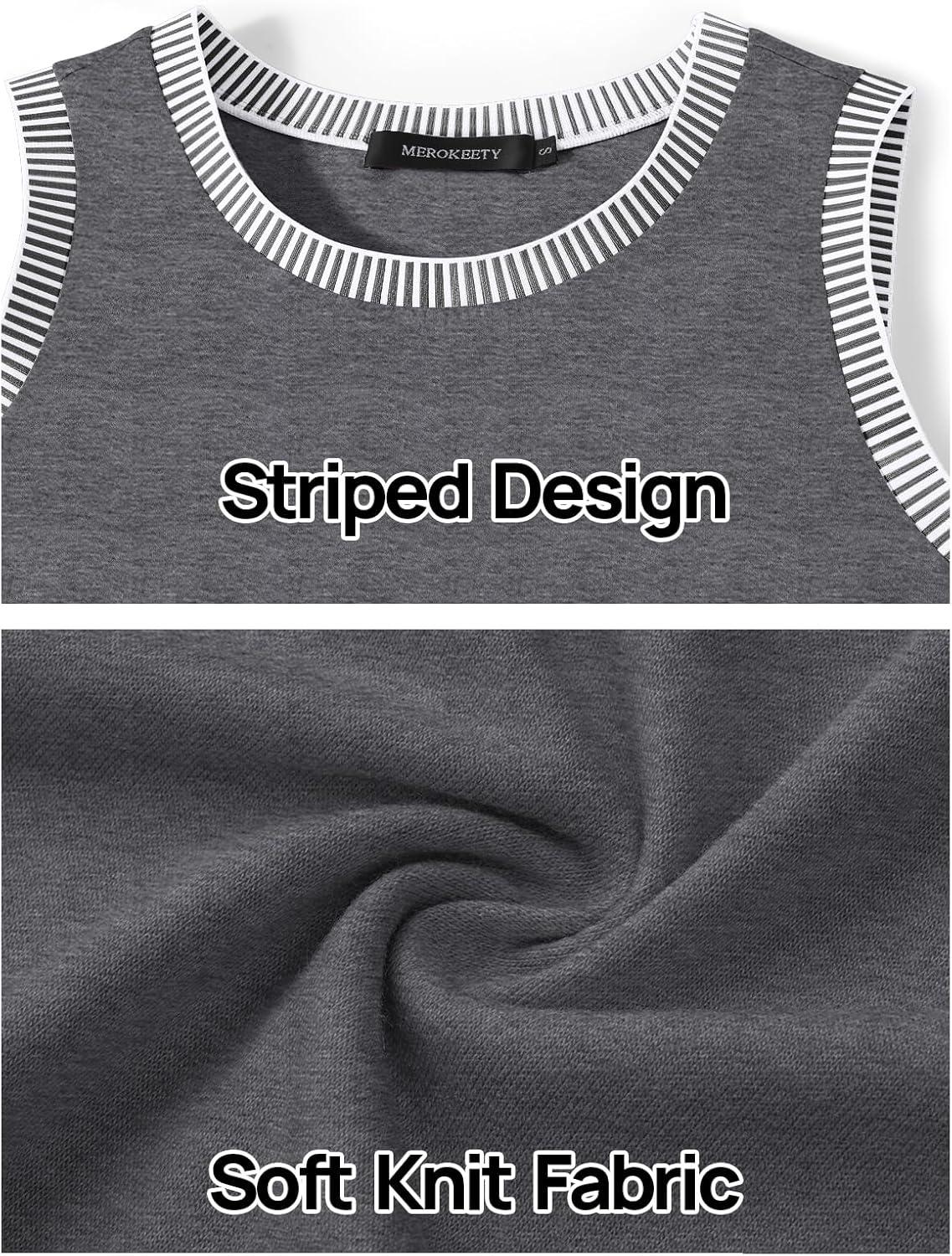 imageMEROKEETY Womens Tank Tops 2026 Summer Casual Sleeveless Crew Neck Basic T Shirts Beach Striped Color Block ClothesDark Grey