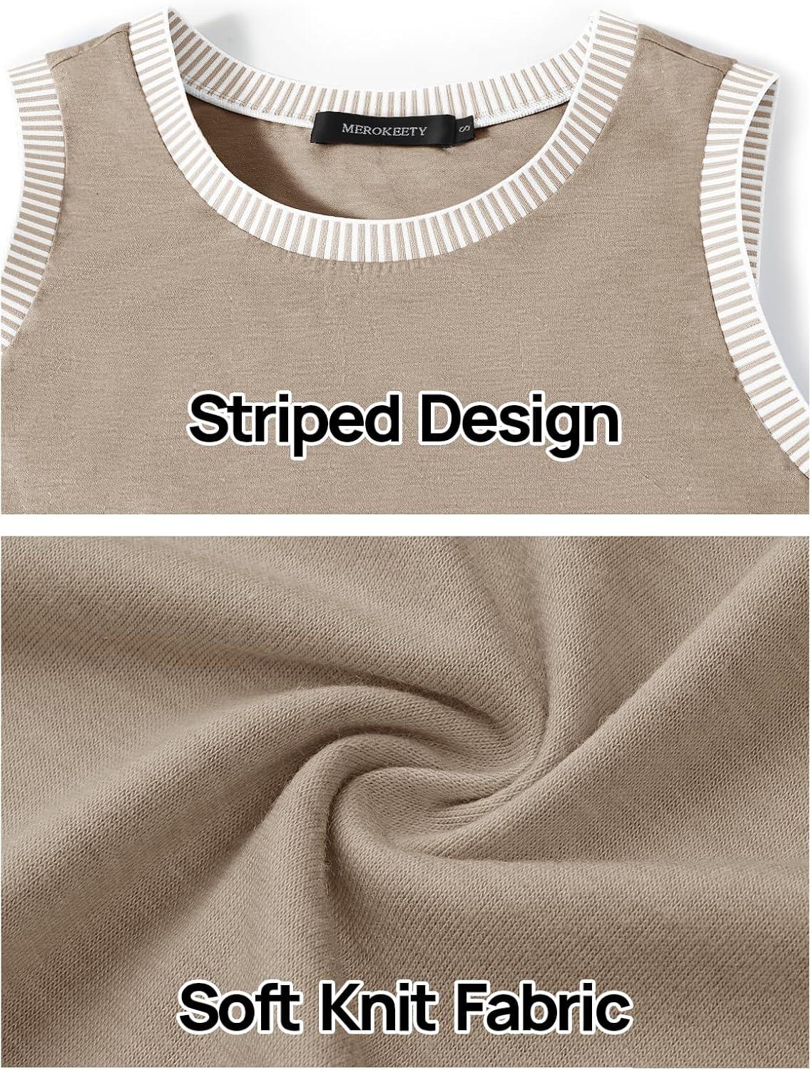 imageMEROKEETY Womens Tank Tops 2026 Summer Casual Sleeveless Crew Neck Basic T Shirts Beach Striped Color Block ClothesDark Khaki