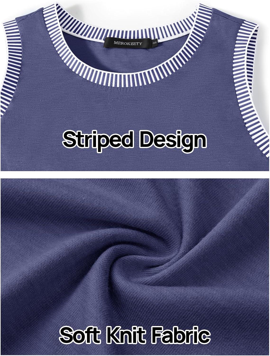 imageMEROKEETY Womens Tank Tops 2026 Summer Casual Sleeveless Crew Neck Basic T Shirts Beach Striped Color Block ClothesNavy
