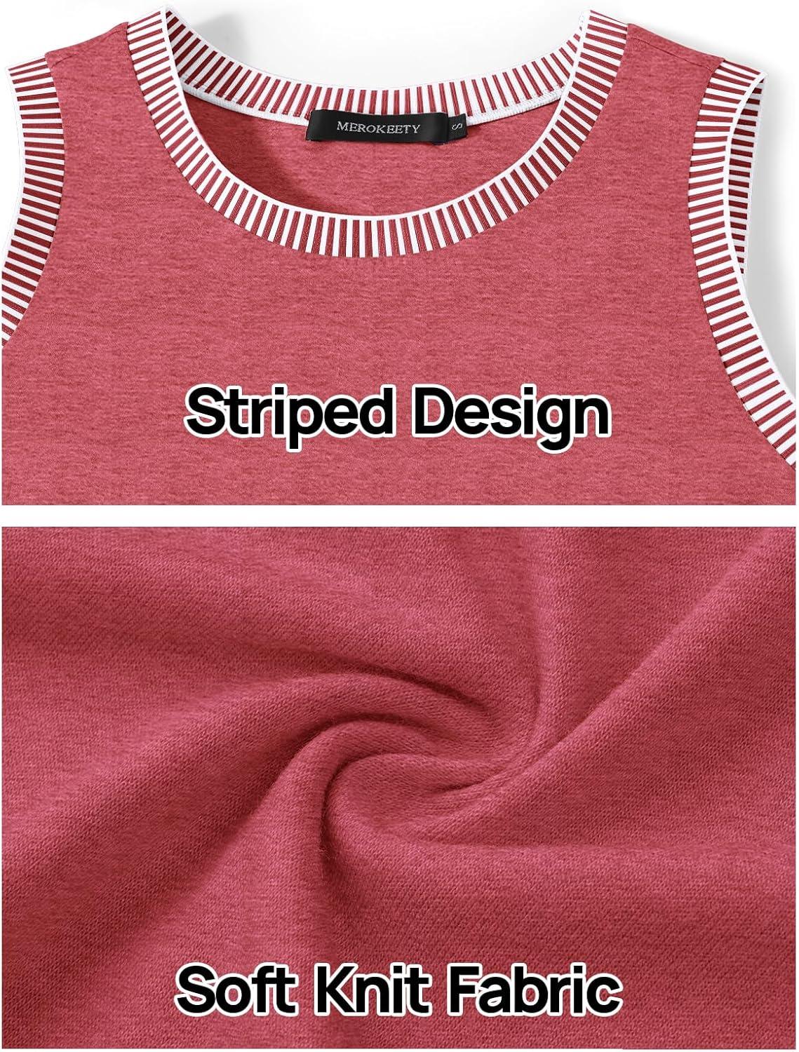 imageMEROKEETY Womens Tank Tops 2026 Summer Casual Sleeveless Crew Neck Basic T Shirts Beach Striped Color Block ClothesRed
