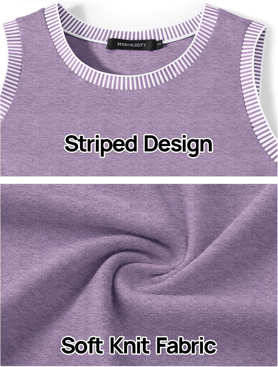 imageMEROKEETY Womens Tank Tops 2026 Summer Casual Sleeveless Crew Neck Basic T Shirts Beach Striped Color Block ClothesTaro