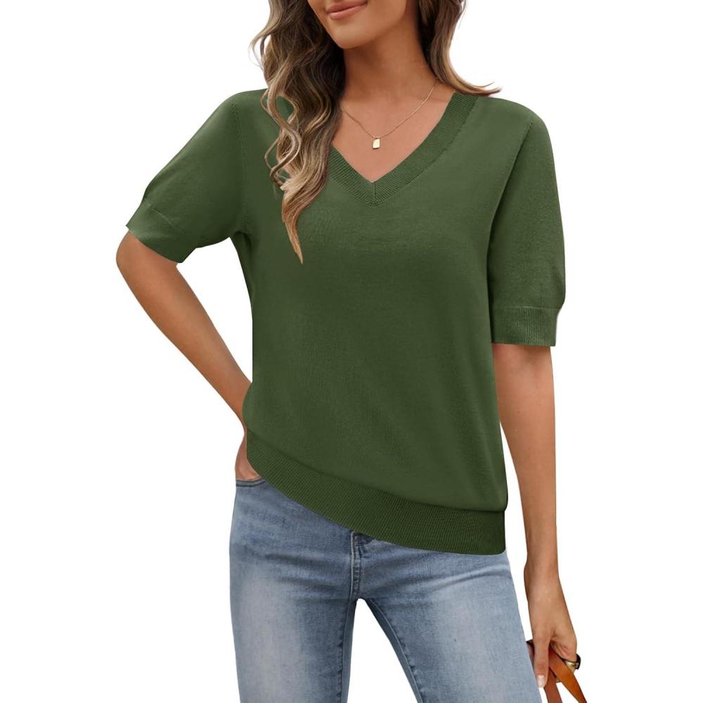 imageMEROKEETY Womens Short Sleeve Sweater Summer Business Casual Tops V Neck Lightweight Knit Work Shirts 2026Army Green
