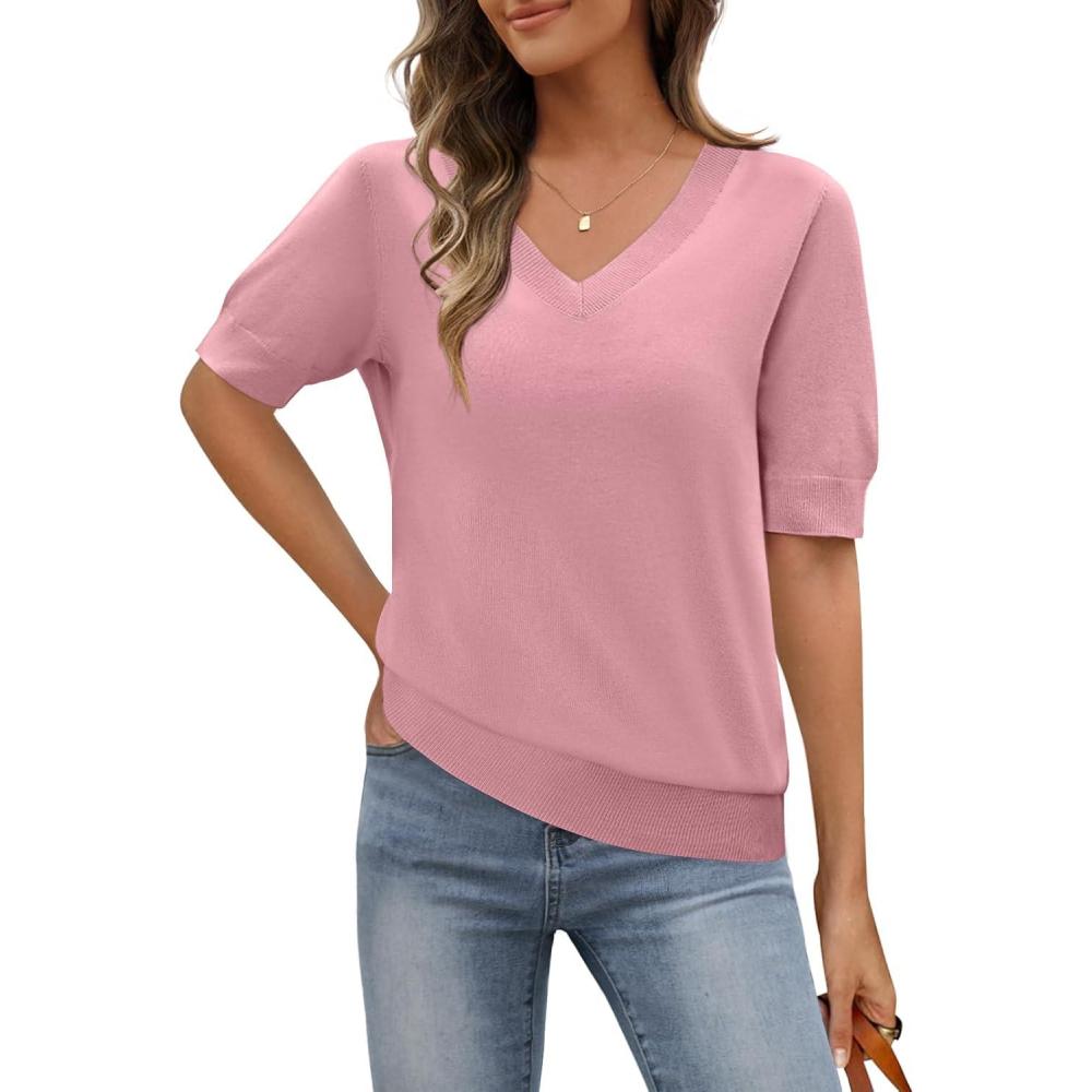 imageMEROKEETY Womens Short Sleeve Sweater Summer Business Casual Tops V Neck Lightweight Knit Work Shirts 2026Pink
