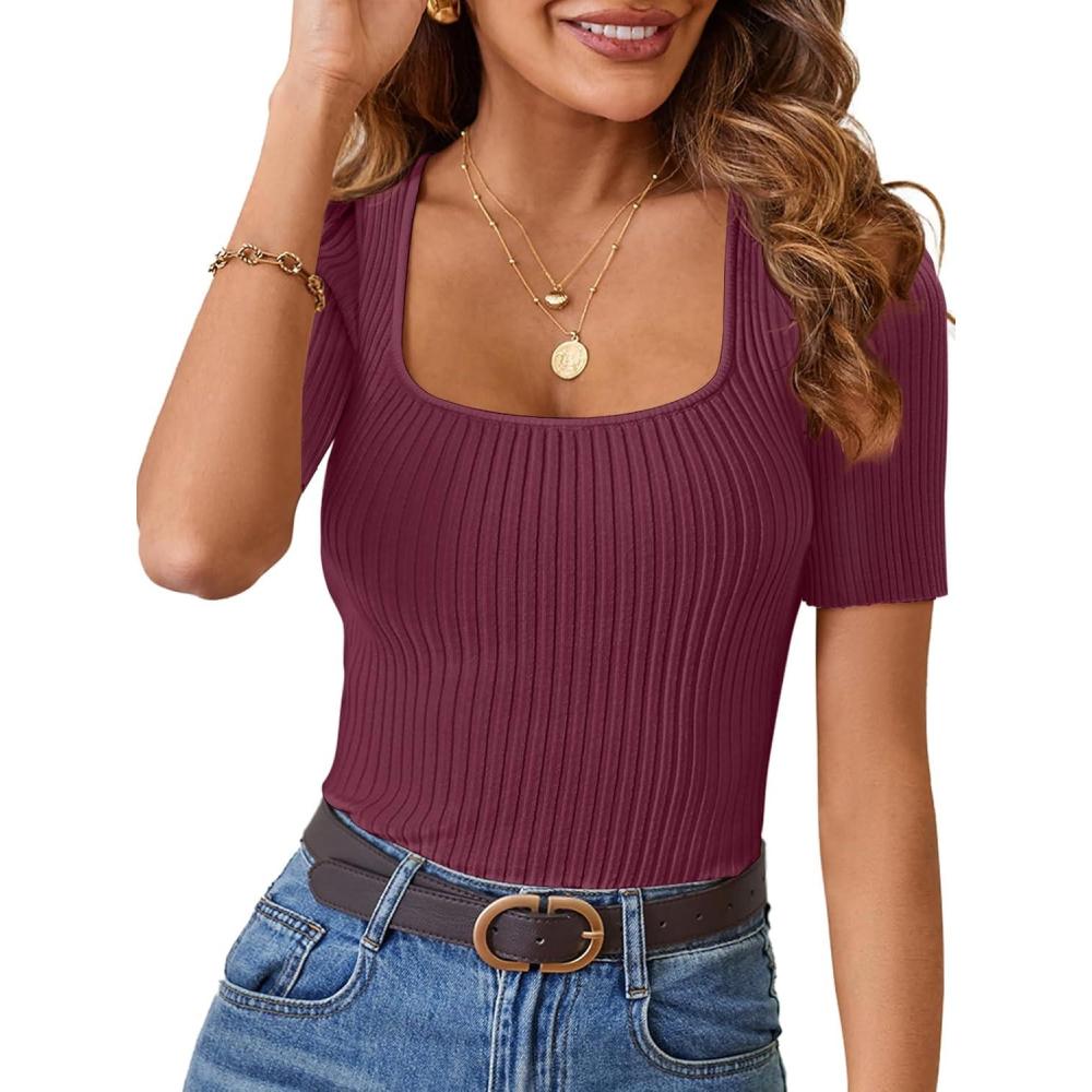 imageMEROKEETY Womens Summer Ribbed T Shirts 2026 Square Neck Short Sleeve Slim Fit Knit Tee Tops Dressy Casual Trendy ClothesWine
