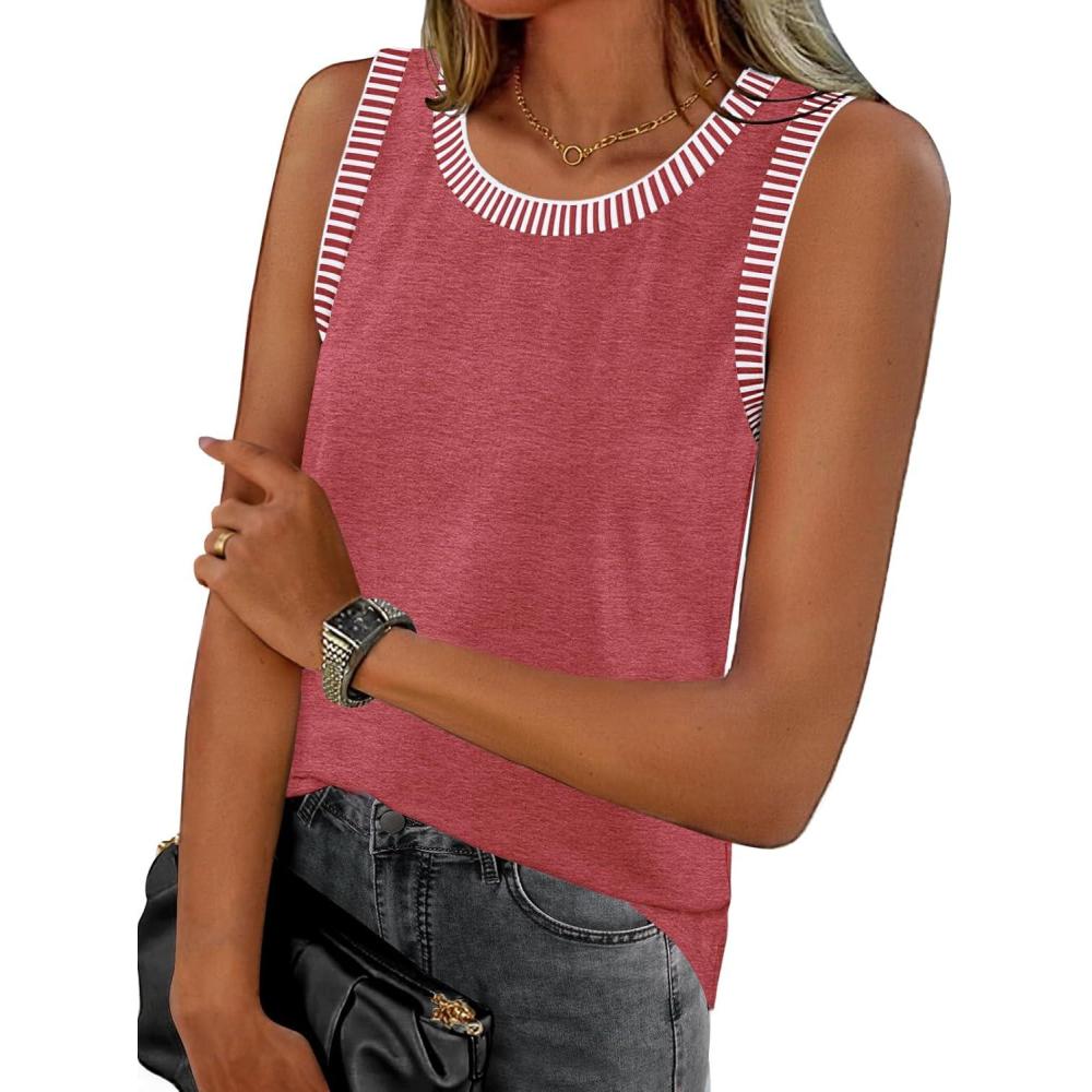 imageMEROKEETY Womens Tank Tops 2026 Summer Casual Sleeveless Crew Neck Basic T Shirts Beach Striped Color Block ClothesRed