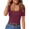 MEROKEETY Women’s Summer Ribbed T Shirts 2026 Square Neck Short Sleeve Slim Fit Knit Tee Tops Dressy Casual Trendy Clothes(Wine)