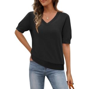 MEROKEETY Women’s Short Sleeve Sweater Summer Business Casual Tops V Neck Lightweight Knit Work Shirts 2026(Black)
