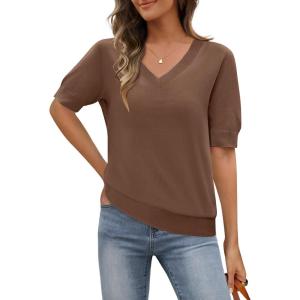 MEROKEETY Women’s Short Sleeve Sweater Summer Business Casual Tops V Neck Lightweight Knit Work Shirts 2026(Coffee)