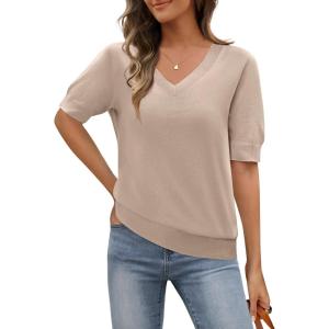 MEROKEETY Women’s Short Sleeve Sweater Summer Business Casual Tops V Neck Lightweight Knit Work Shirts 2026(Khaki)