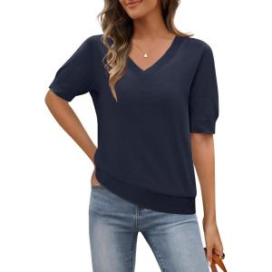MEROKEETY Women’s Short Sleeve Sweater Summer Business Casual Tops V Neck Lightweight Knit Work Shirts 2026(Navy)