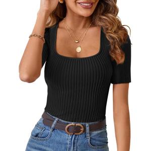 MEROKEETY Women’s Summer Ribbed T Shirts 2026 Square Neck Short Sleeve Slim Fit Knit Tee Tops Dressy Casual Trendy Clothes(Black)