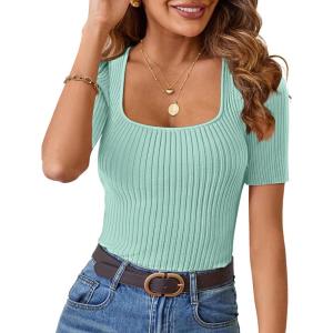 MEROKEETY Women’s Summer Ribbed T Shirts 2026 Square Neck Short Sleeve Slim Fit Knit Tee Tops Dressy Casual Trendy Clothes(Spring Green)