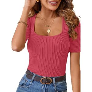 MEROKEETY Women’s Summer Ribbed T Shirts 2026 Square Neck Short Sleeve Slim Fit Knit Tee Tops Dressy Casual Trendy Clothes(Watermelon)