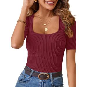 MEROKEETY Women’s Summer Ribbed T Shirts 2026 Square Neck Short Sleeve Slim Fit Knit Tee Tops Dressy Casual Trendy Clothes(Wine Red)