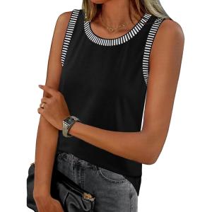 MEROKEETY Womens Tank Tops 2026 Summer Casual Sleeveless Crew Neck Basic T Shirts Beach Striped Color Block Clothes(Black)