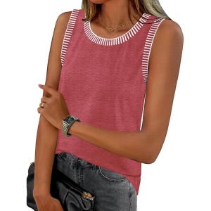 MEROKEETY Womens Tank Tops 2026 Summer Casual Sleeveless Crew Neck Basic T Shirts Beach Striped Color Block Clothes(Red)