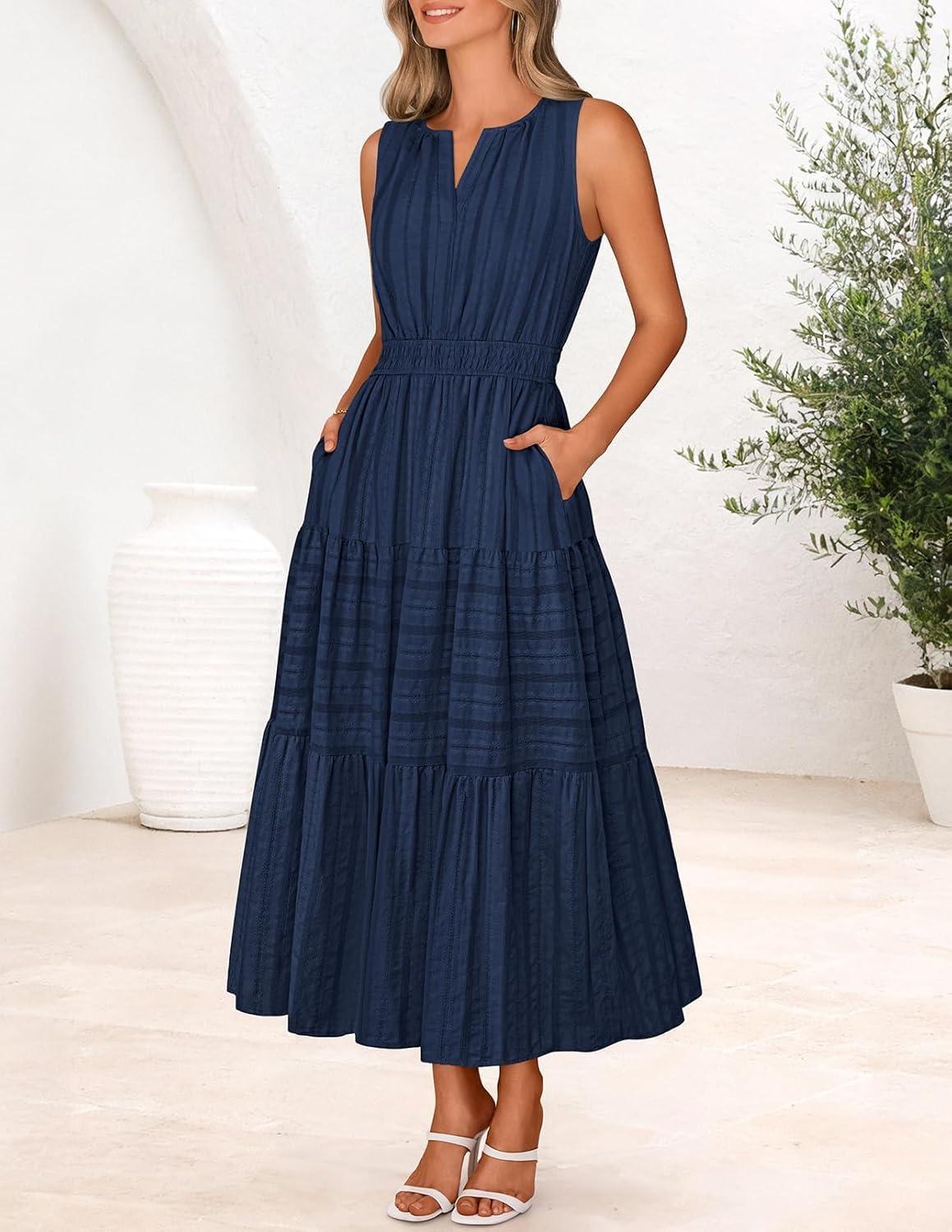 imageMEROKEETY Spring Summer Midi Dresses for Women 2026 Casual Beach Vacation Sleeveless Boho V Neck Cotton Maxi Dress PocketsNavy
