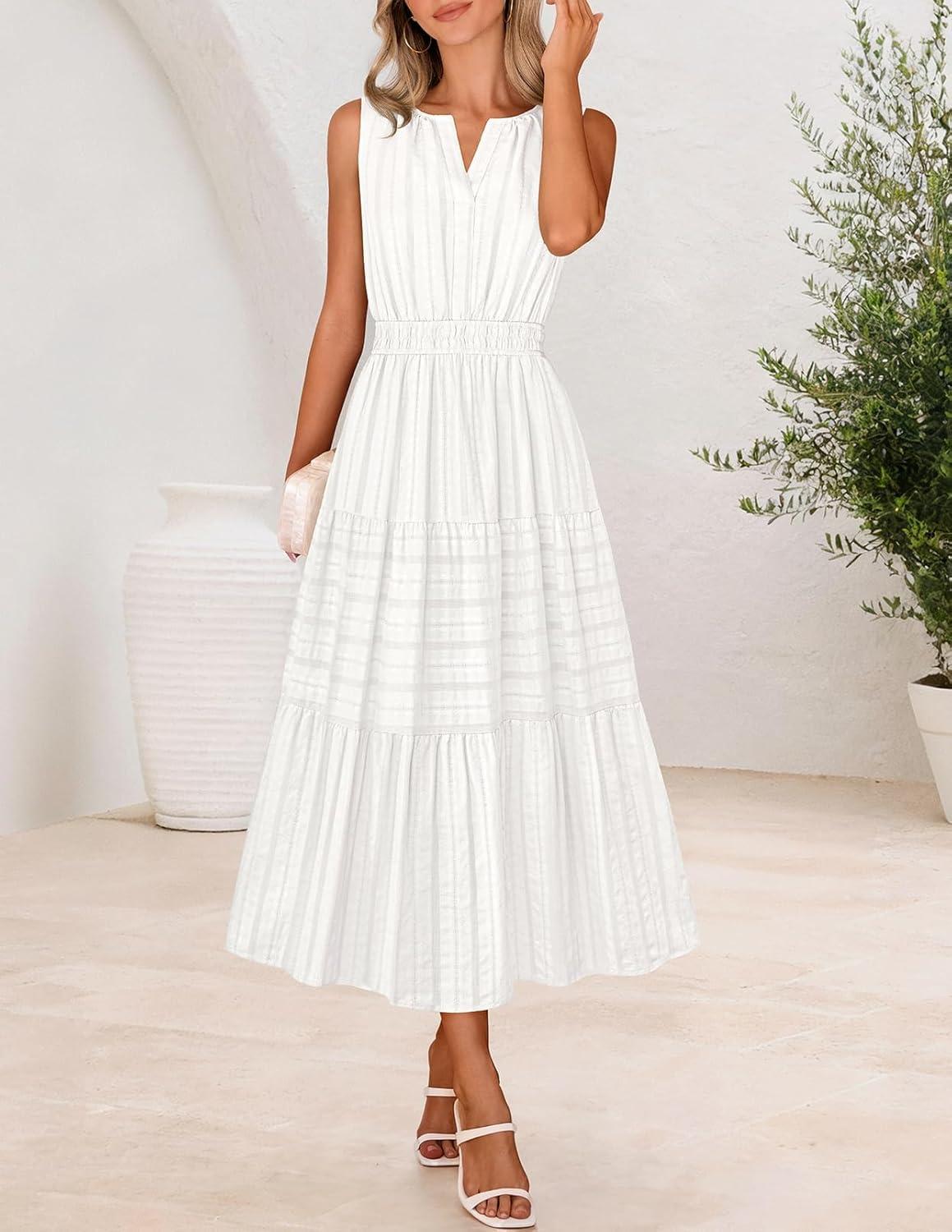 imageMEROKEETY Spring Summer Midi Dresses for Women 2026 Casual Beach Vacation Sleeveless Boho V Neck Cotton Maxi Dress PocketsWhite