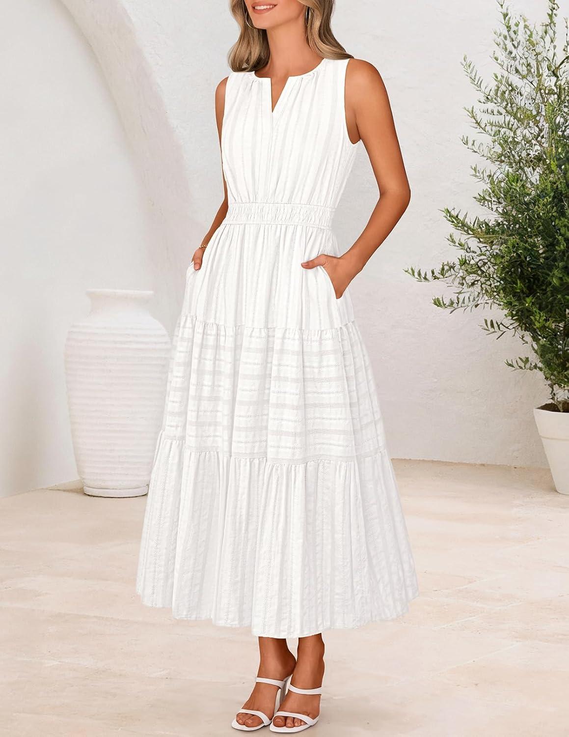 imageMEROKEETY Spring Summer Midi Dresses for Women 2026 Casual Beach Vacation Sleeveless Boho V Neck Cotton Maxi Dress PocketsWhite