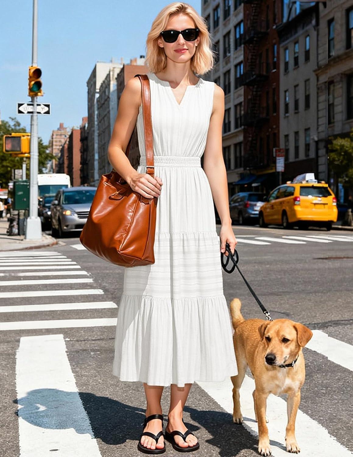 imageMEROKEETY Spring Summer Midi Dresses for Women 2026 Casual Beach Vacation Sleeveless Boho V Neck Cotton Maxi Dress PocketsWhite