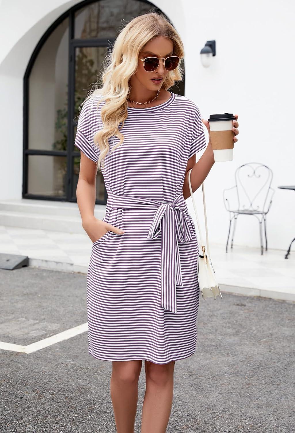 imageMEROKEETY Womens 2026 Summer Casual T Shirt Dress Short Sleeve Striped Tie Waist Work Vacation Trendy Short DressesPurple