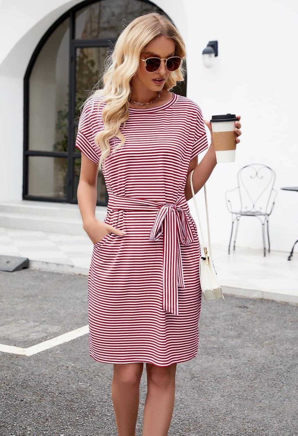 imageMEROKEETY Womens 2026 Summer Casual T Shirt Dress Short Sleeve Striped Tie Waist Work Vacation Trendy Short DressesWine