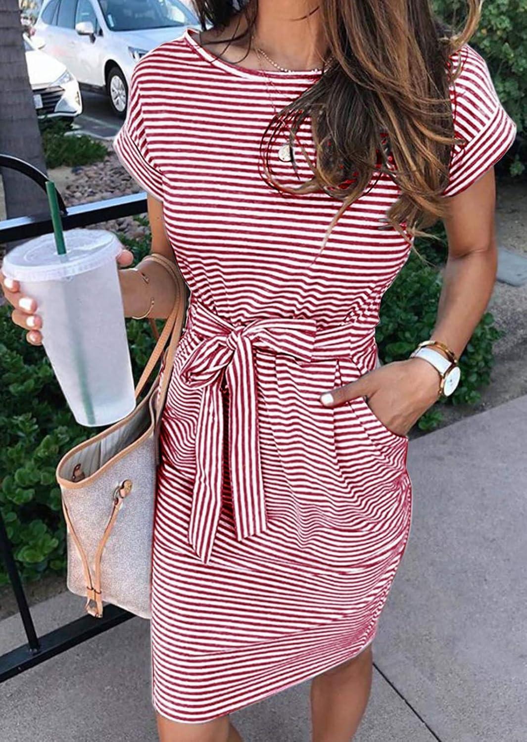 imageMEROKEETY Womens 2026 Summer Casual T Shirt Dress Short Sleeve Striped Tie Waist Work Vacation Trendy Short DressesWine