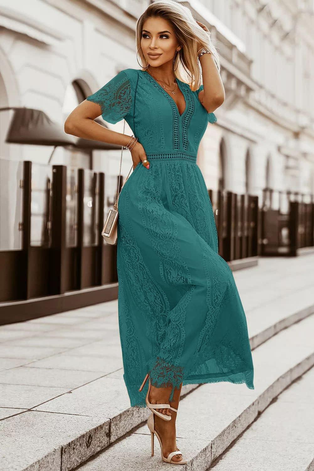 imageMEROKEETY Womens 2026 V Neck Short Sleeve Floral Lace Wedding Dress A Line Boho Bridesmaid Cocktail Party Maxi DressDark Cyan