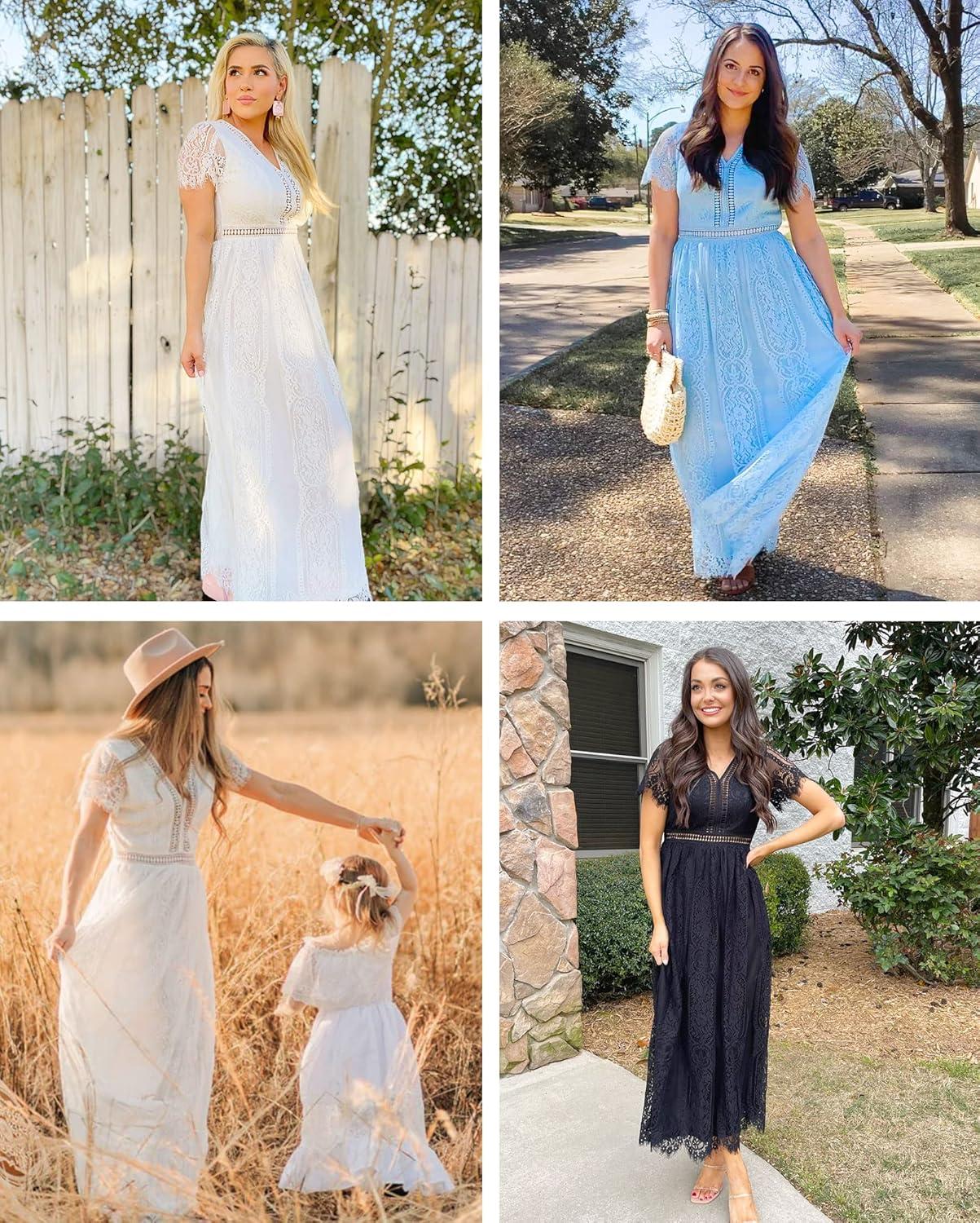 imageMEROKEETY Womens 2026 V Neck Short Sleeve Floral Lace Wedding Dress A Line Boho Bridesmaid Cocktail Party Maxi DressDark Cyan