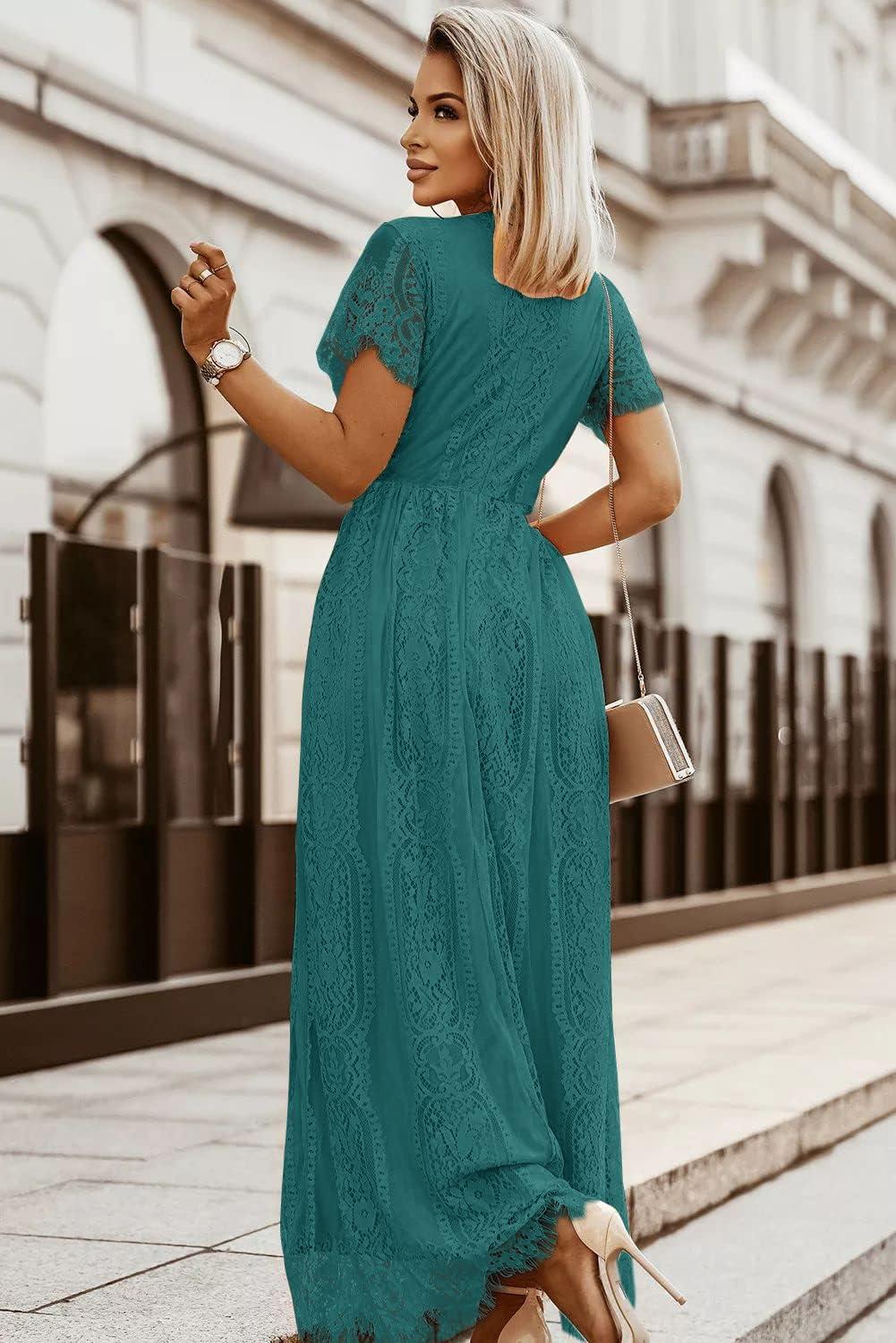 imageMEROKEETY Womens 2026 V Neck Short Sleeve Floral Lace Wedding Dress A Line Boho Bridesmaid Cocktail Party Maxi DressDark Cyan