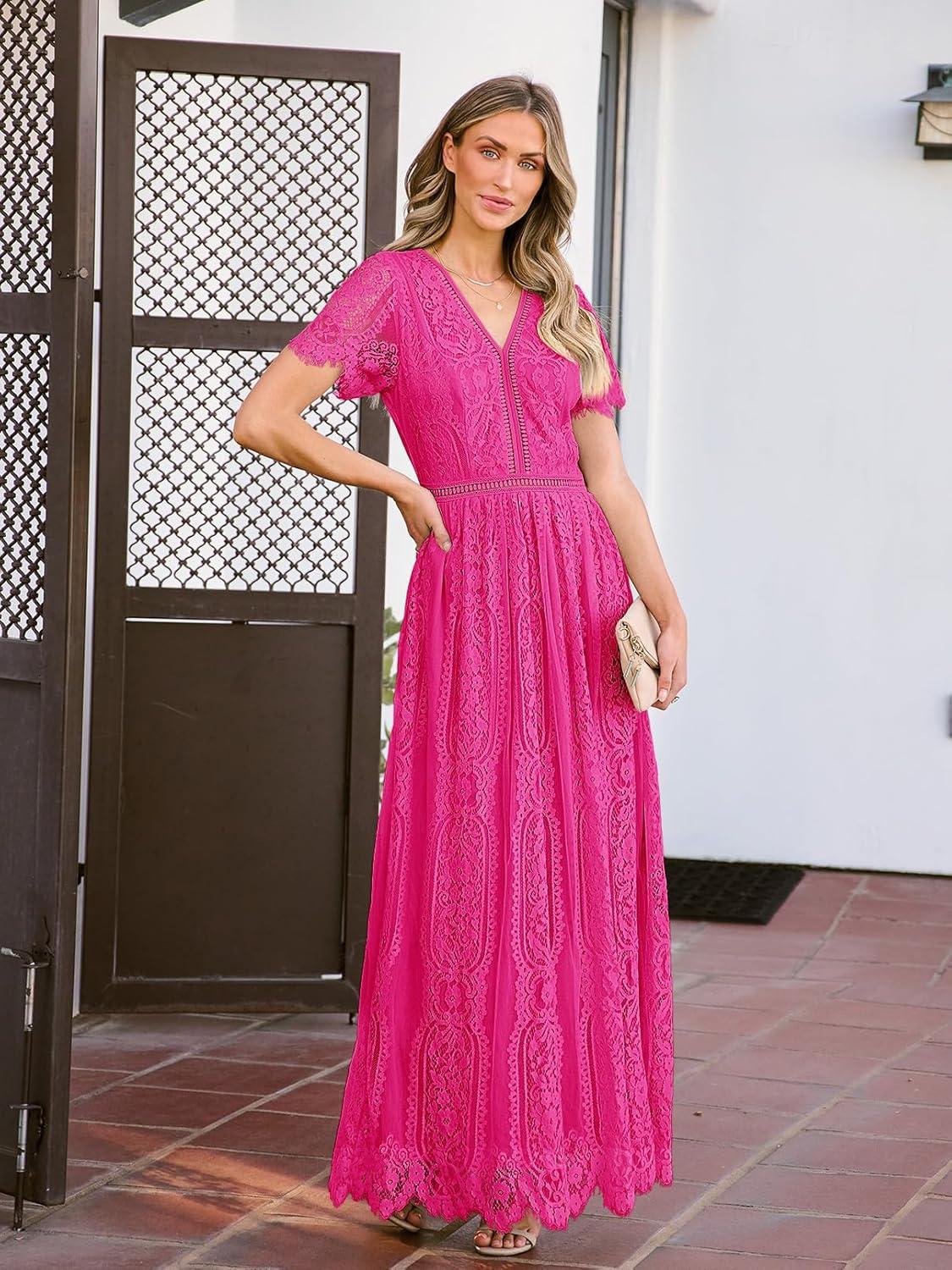 imageMEROKEETY Womens 2026 V Neck Short Sleeve Floral Lace Wedding Dress A Line Boho Bridesmaid Cocktail Party Maxi DressMagenta