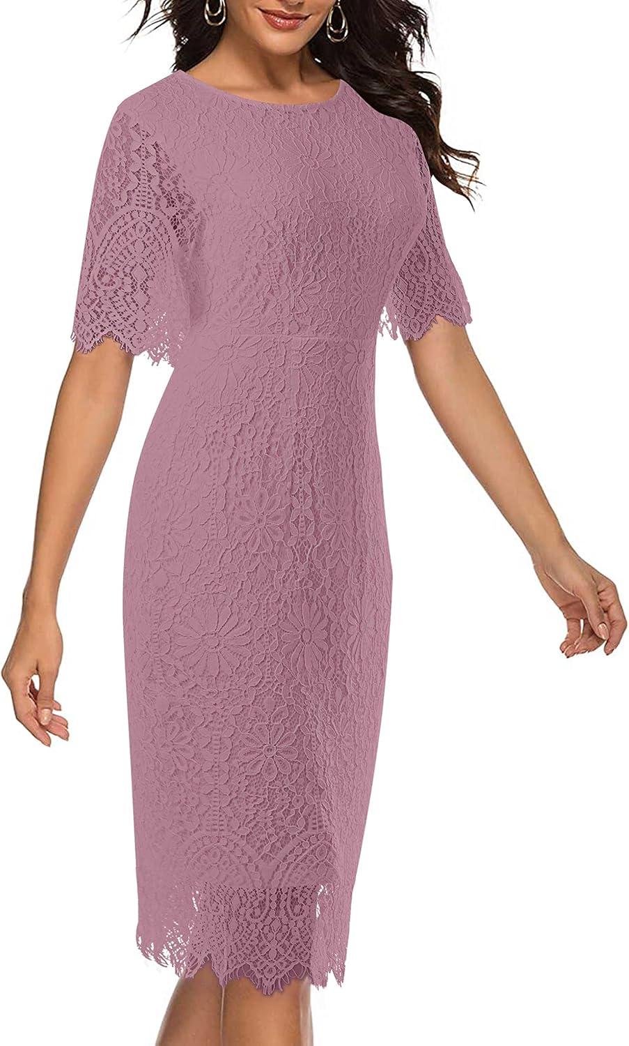 imageMEROKEETY Womens Short Sleeve Lace Floral Cocktail Dress Crew Neck Knee Length for PartyBlush