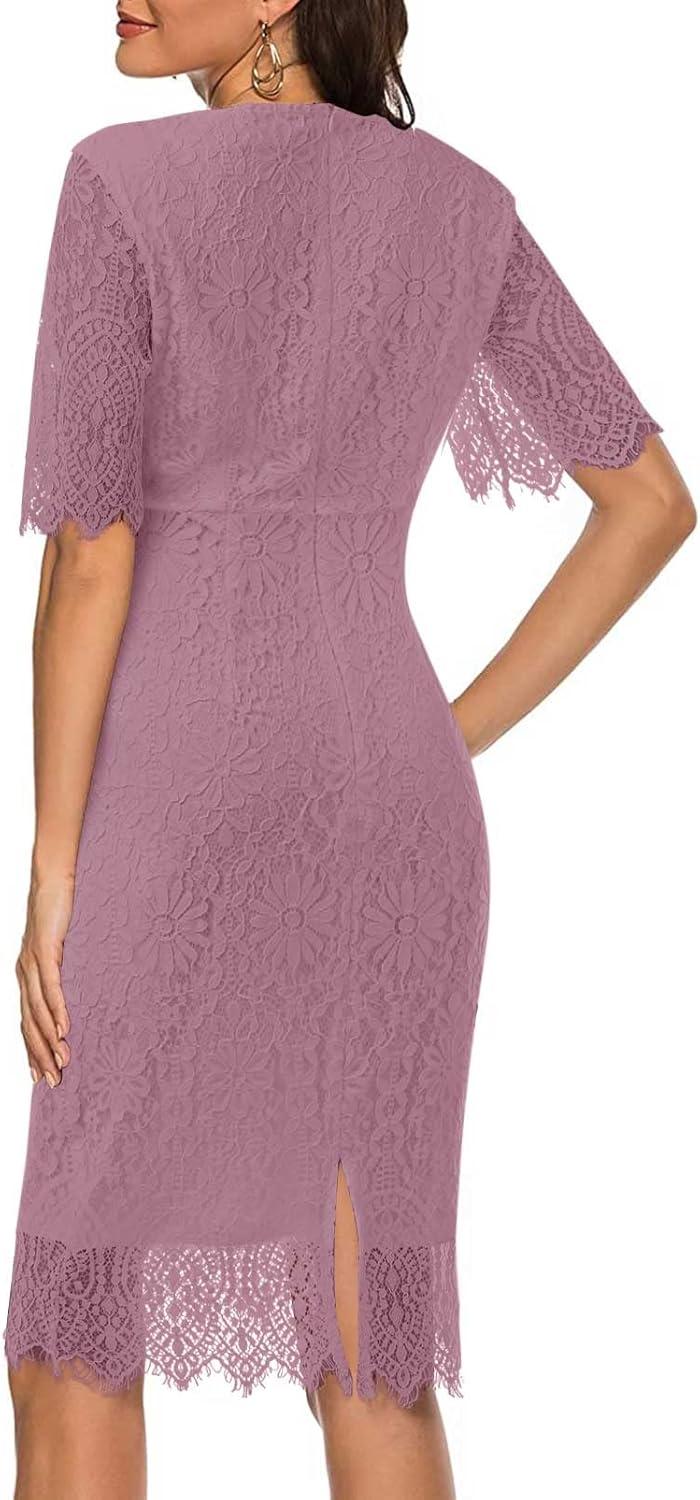 imageMEROKEETY Womens Short Sleeve Lace Floral Cocktail Dress Crew Neck Knee Length for PartyBlush